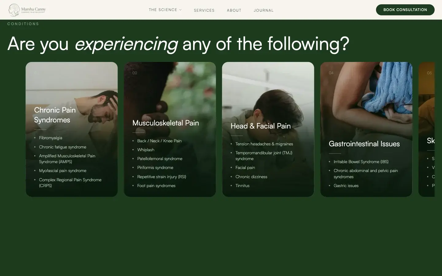 Chronic Pain Recovery conditions section showing image-backed cards for chronic pain, musculoskeletal, head and facial, and gastrointestinal concerns.