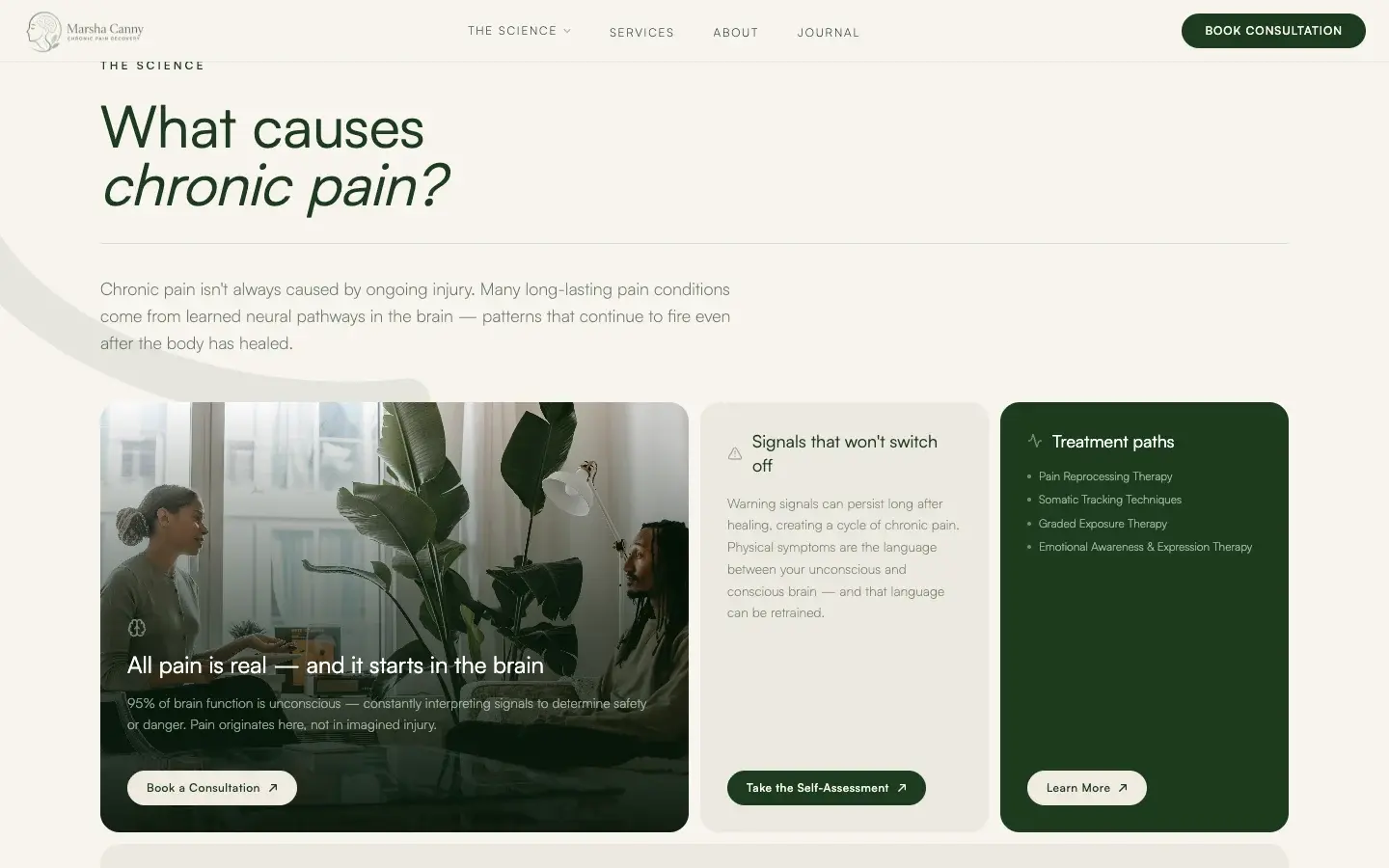 Chronic Pain Recovery science section with an explanatory heading, summary, treatment image, signal explanation, and treatment-path card.