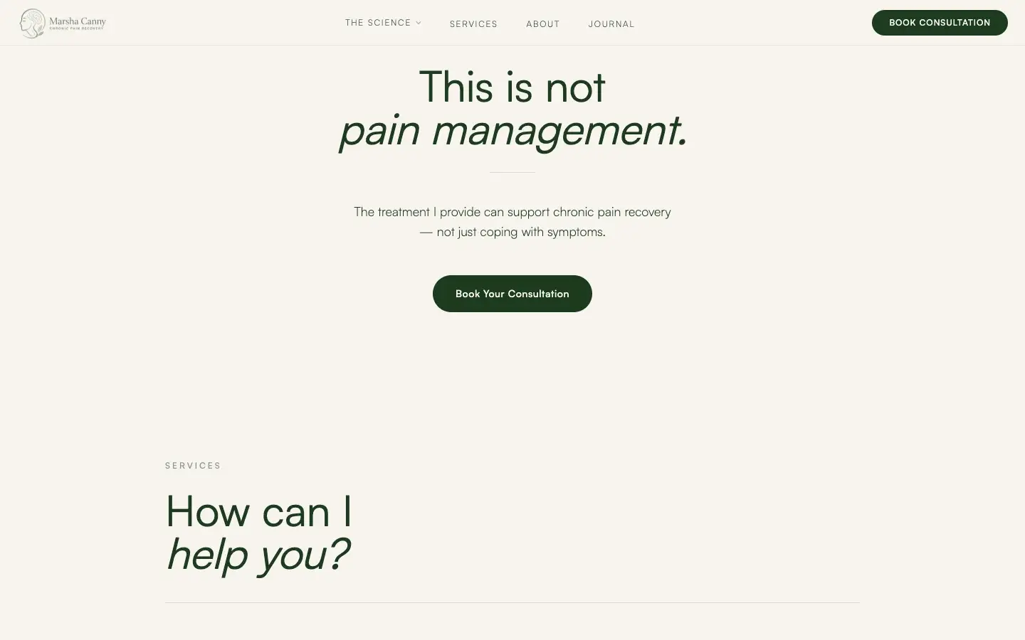 Chronic Pain Recovery page using a direct trust statement, consultation action, and spacious transition into services.